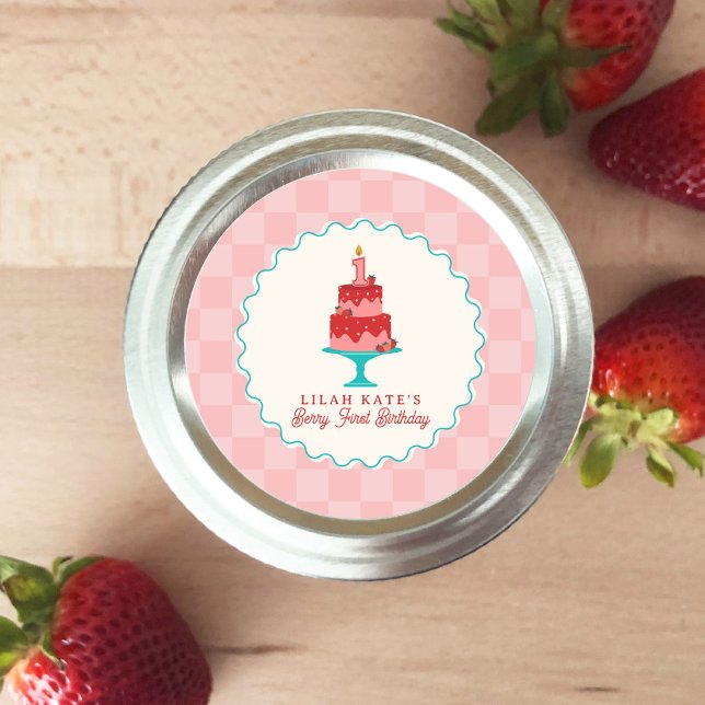 Berry 1st Birthday Strawberry Cake Checkerboard Classic Round Sticker (Creator Uploaded)