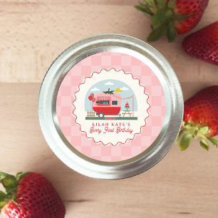 Berry 1st Birthday Strawberry Camper Checker Classic Round Sticker