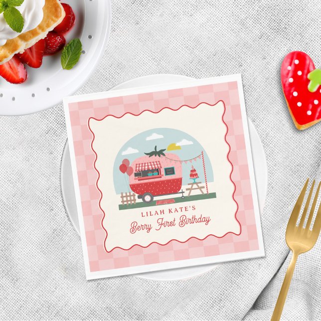 Berry 1st Birthday Strawberry Camper Checker  Napkins (Creator Uploaded)