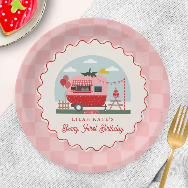 Berry 1st Birthday Strawberry Camper Checker  Paper Plates (Creator Uploaded)
