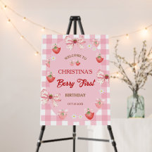 Berry 1st birthday strawberry gingham welcome sign