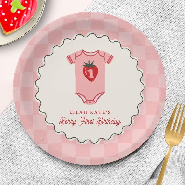 Berry 1st Birthday Strawberry Shirt Checkerboard Paper Plates (Creator Uploaded)