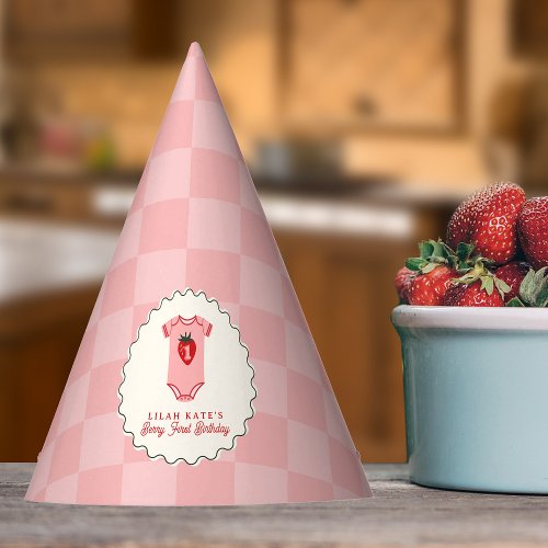 Berry 1st Birthday Strawberry Shirt Checkerboard Party Hat