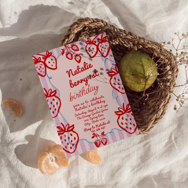 Berry 1st DIY Hand Drawn Strawberry Girl Birthday  Invitation (Creator Uploaded)