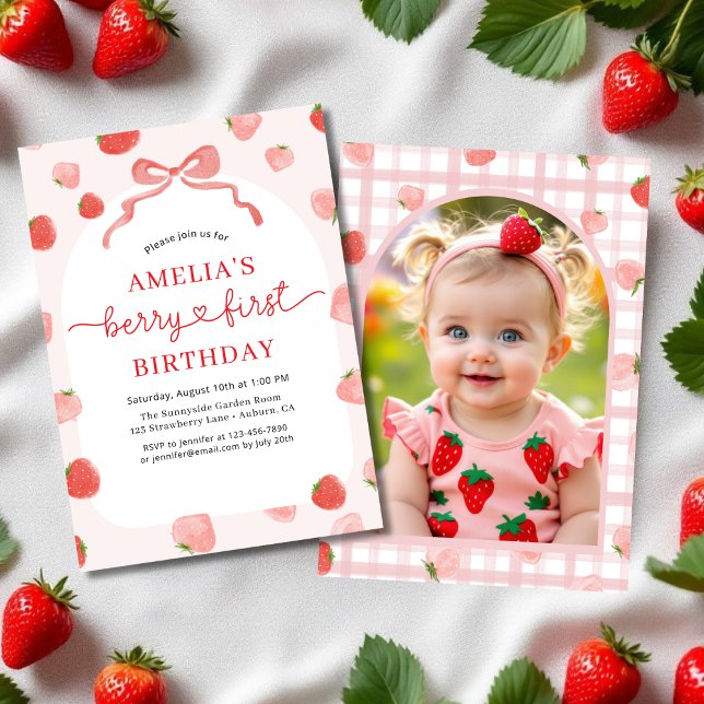 Berry 1st First Birthday Photo Red Bow Girl's Invitation (Creator Uploaded)