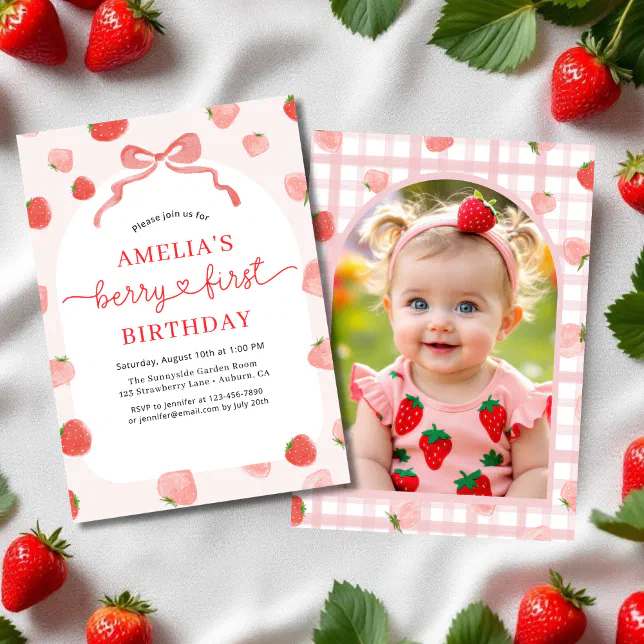 Berry 1st First Birthday Photo Red Bow Girl's Invitation | Zazzle