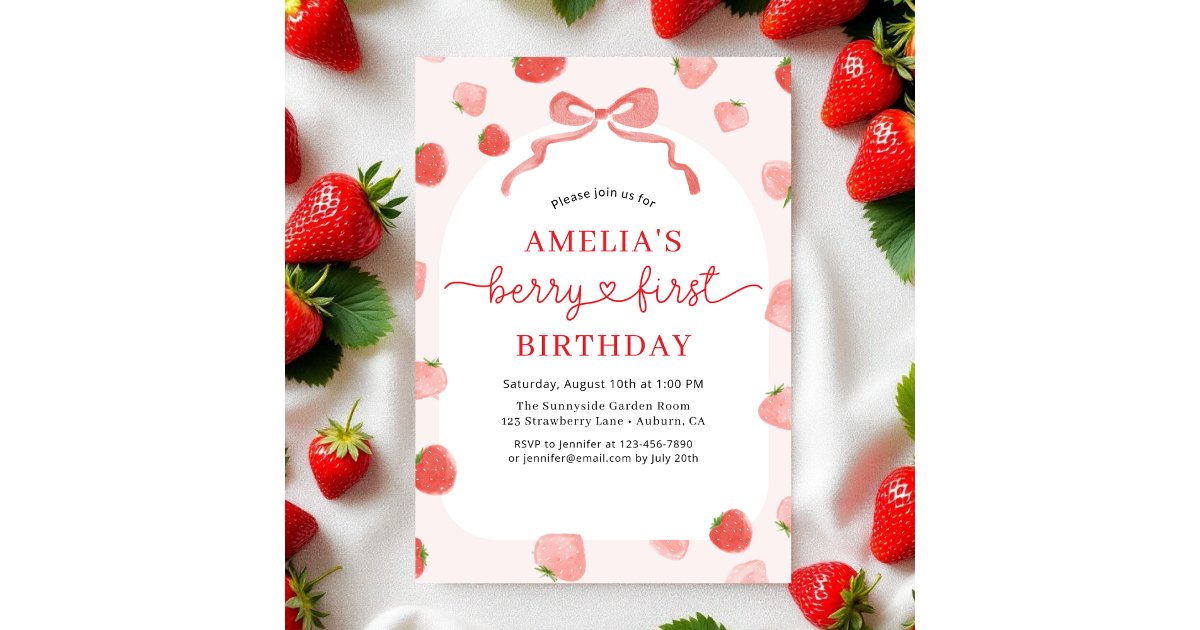 Berry 1st First Bow Strawberry Girl's Birthday Invitation | Zazzle