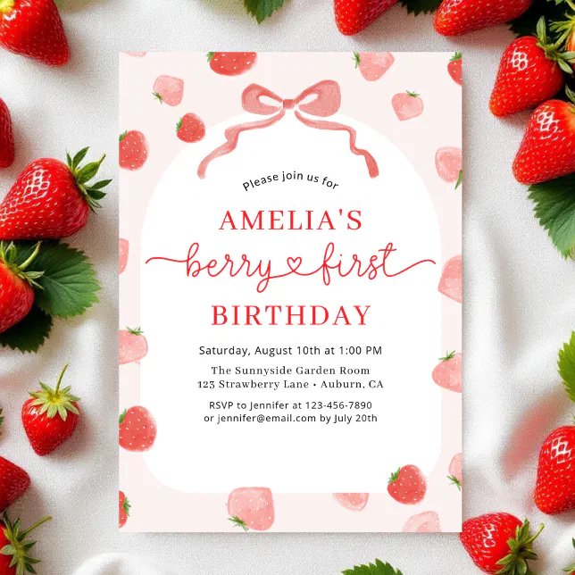 Berry 1st First Bow Strawberry Girl's Birthday Invitation | Zazzle