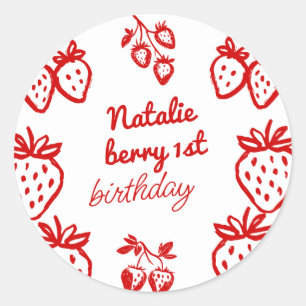 Berry 1st Hand Drawn Strawberry Girl Fun Birthday Classic Round Sticker