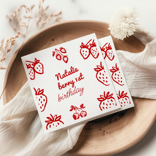 Berry 1st Hand Drawn Strawberry Girl Fun Birthday Napkins (Creator Uploaded)
