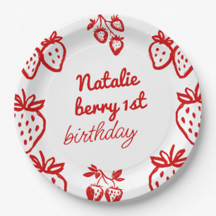 Berry 1st Hand Drawn Strawberry Girl Fun Birthday Paper Plates