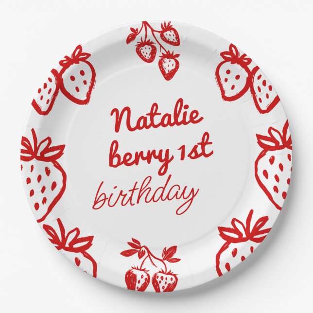 Berry 1st Hand Drawn Strawberry Girl Fun Birthday Paper Plates (Front)