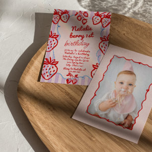 Berry 1st Hand Drawn Strawberry Photo Birthday Invitation