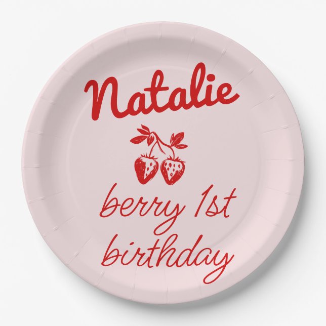 Berry 1st Pink Hand Drawn Strawberries Birthday Paper Plates (Front)