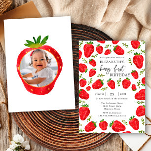 Berry 1st Red Strawberry First Birthday Photo Invitation