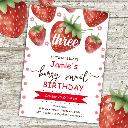 Berry 3rd Birthday Watercolor  Invitation