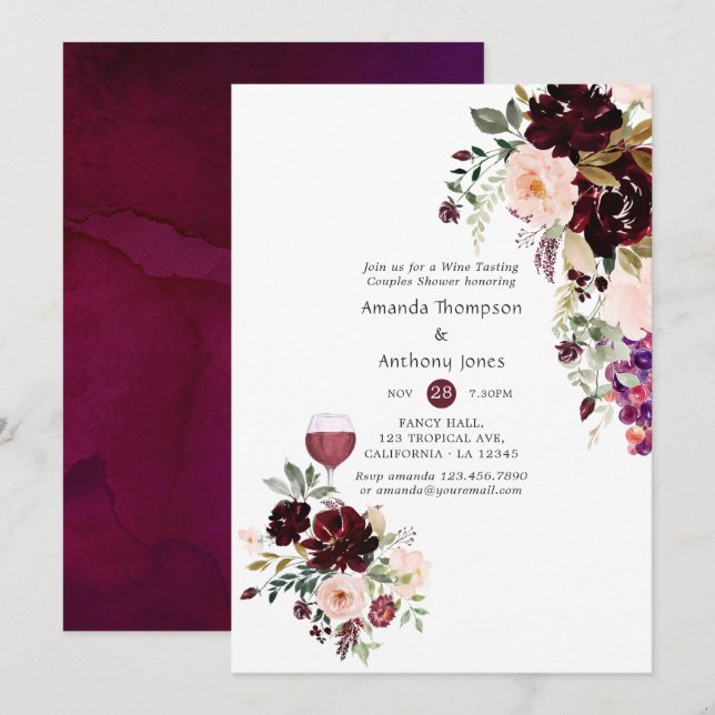 Berry and Blush Floral Wine Tasting Couples Shower Invitation (Front/Back)
