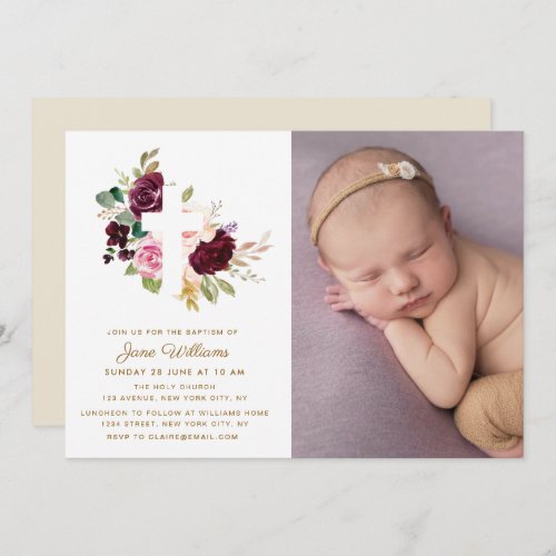 berry and blush florals Baptism photo Invitation