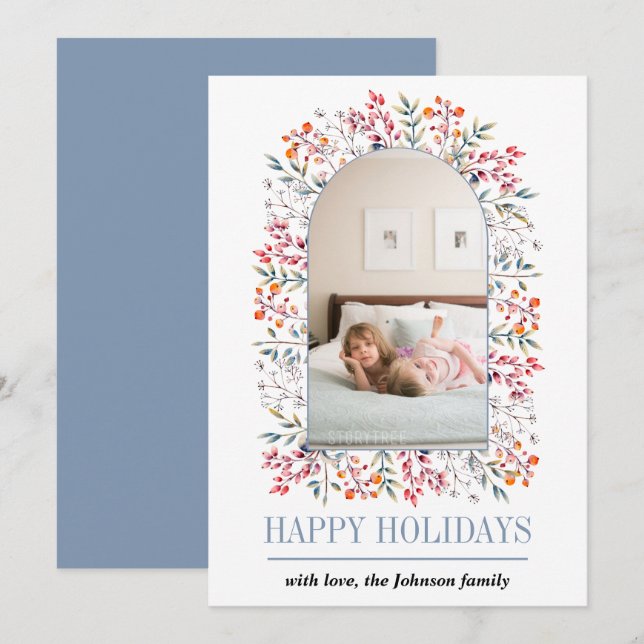 Berry and leaf arch dusty blue Christmas photo Holiday Card (Front/Back)