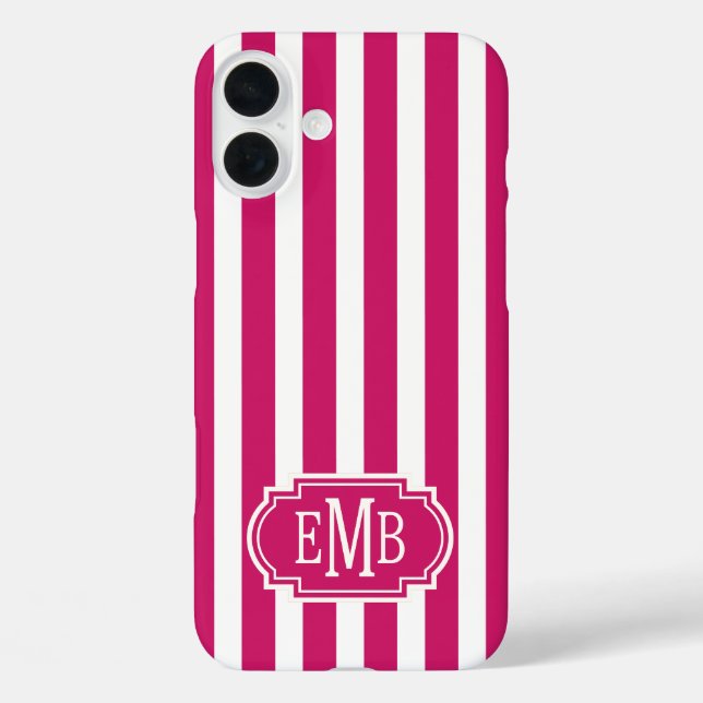 Berry and White Monogrammed Stripes Case-Mate iPhone Case (Back)