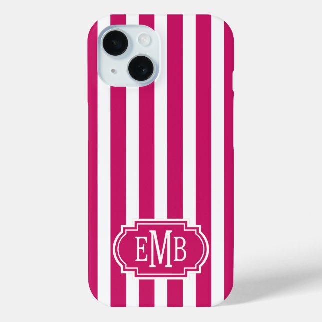 Berry and White Monogrammed Stripes Case-Mate iPhone Case (Back)