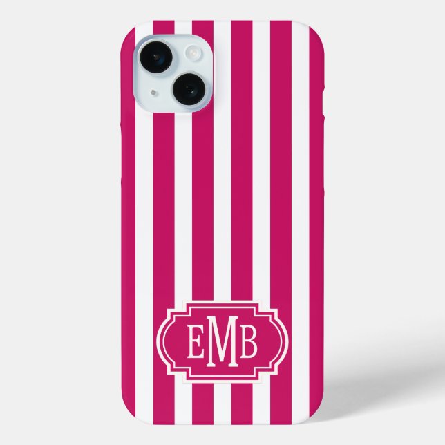 Berry and White Monogrammed Stripes Case-Mate iPhone Case (Back)