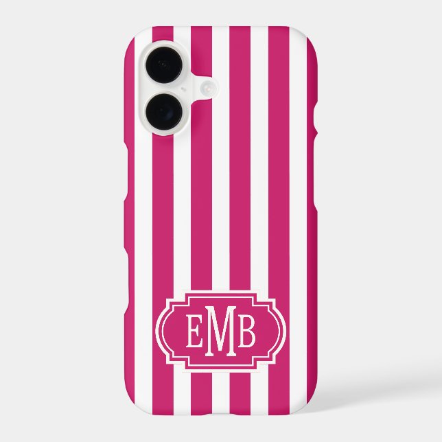 Berry and White Monogrammed Stripes Case-Mate iPhone Case (Back)