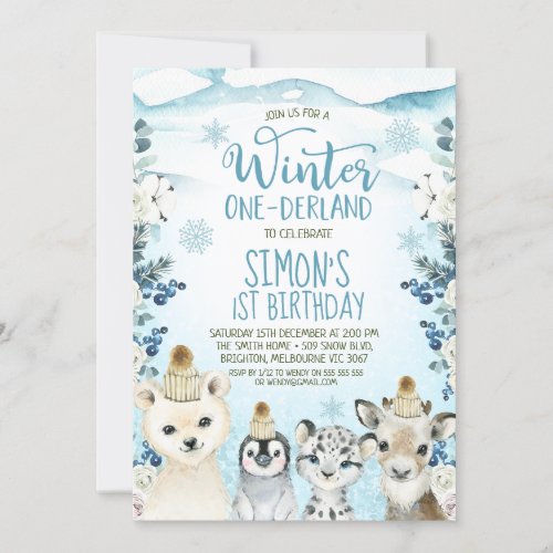  Berry Arctic Animals Winter Onederland Birthday Invitation