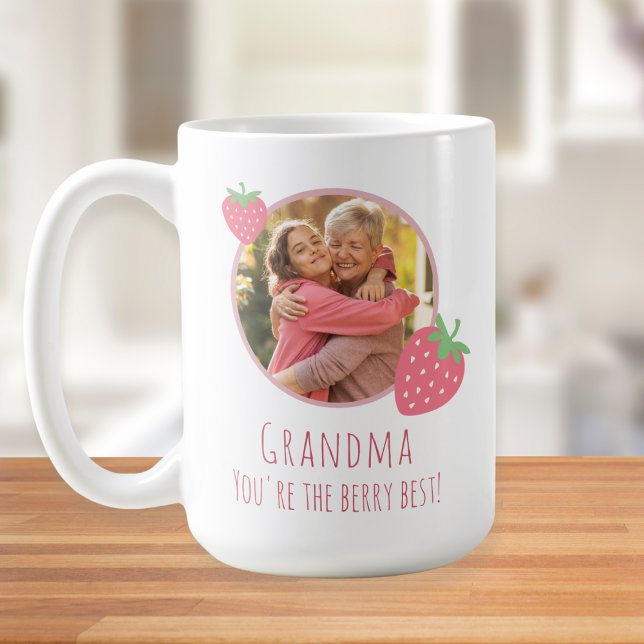 Berry Best Grandma Large Coffee Mug (Large white coffee with custom photo. Text reads "Grandma, you're the berry best")