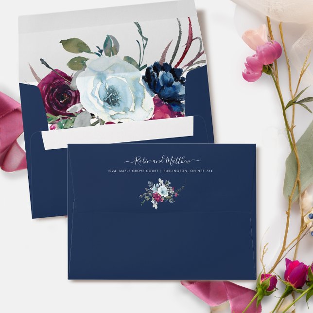 Berry, Blue and Burgundy Floral, Navy Blue Envelop Envelope (Creator Uploaded)