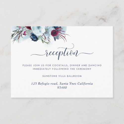 Berry Blue and Burgundy Floral Wedding Reception Enclosure Card