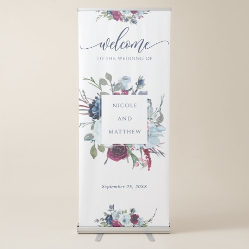 Berry Blue and Burgundy Floral Wedding Welcome Retractable Banner