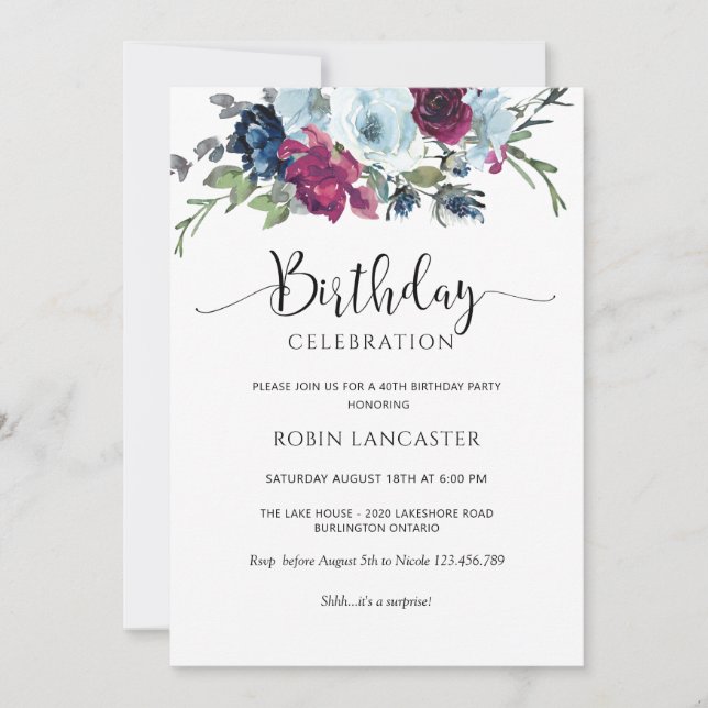Berry, Blue, Burgundy Floral Birthday Invitation (Front)