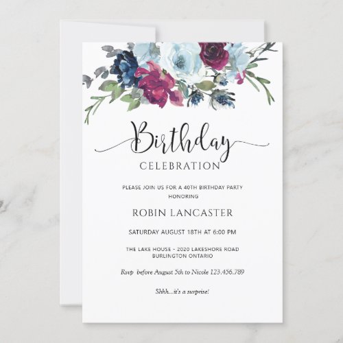 Berry Blue Burgundy Floral Birthday Invitation