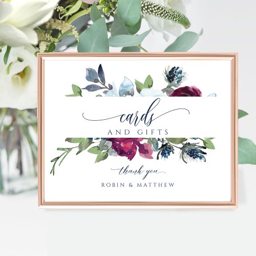 Berry Blue Burgundy Floral Cards  Gifts Sign