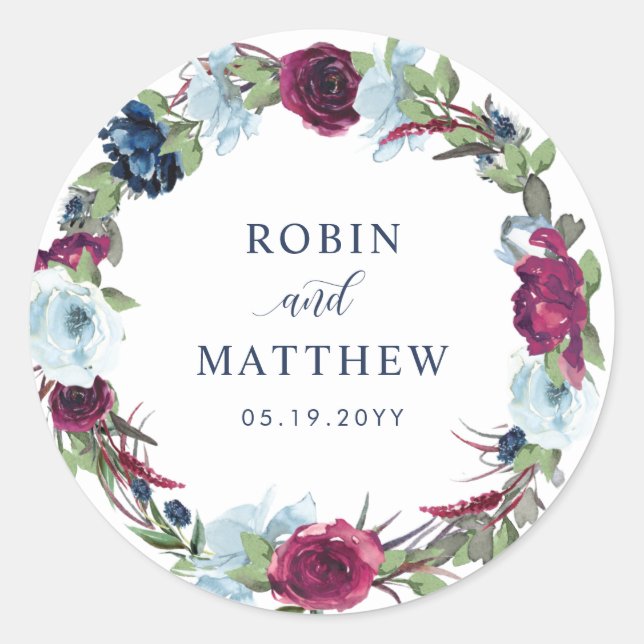 Berry, Blue Burgundy Floral  Envelope Seal / Favor (Front)