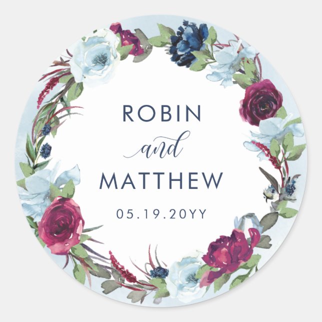 Berry, Blue Burgundy Floral  Favor/ Envelope Seal (Front)
