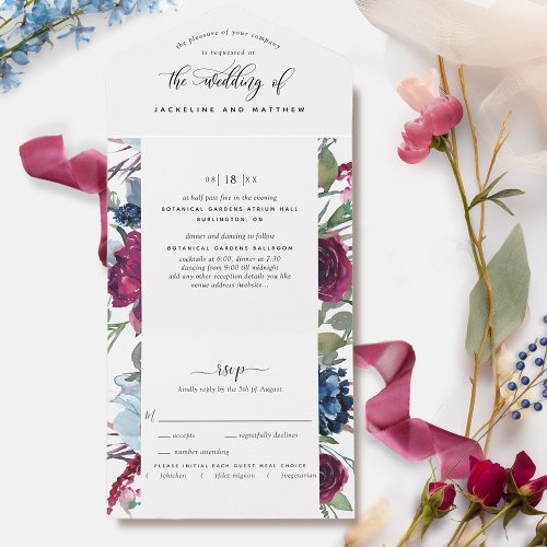 Berry Blue Burgundy Floral Wedding Perforated RSVP All In One Invitation