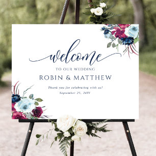 Berry, Blue, Burgundy Floral Welcome Wedding Sign