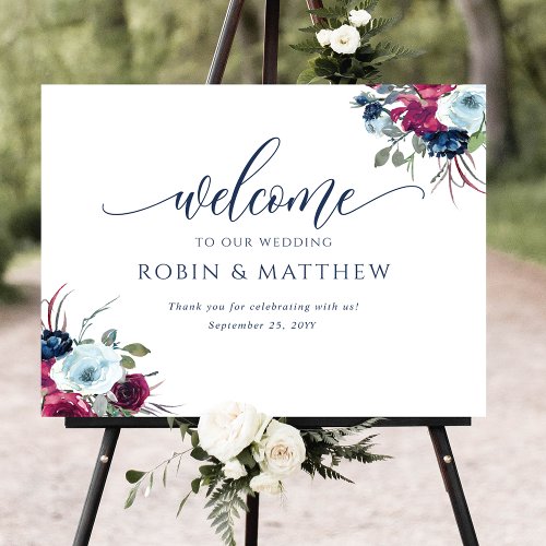 Berry Blue Burgundy Floral Welcome Wedding Sign