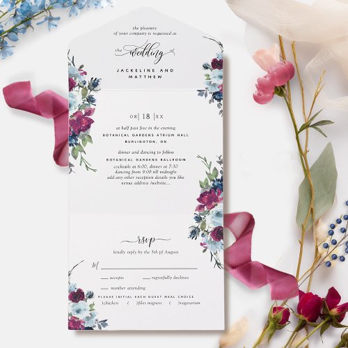 Berry Blue Burgundy Wedding with Perforated RSVP All In One Invitation