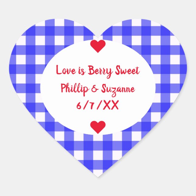 Berry Blue Gingham Wedding Favor Jelly Jar Labels (Front)