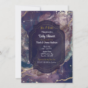 Berry Blue Watercolor Gold Celestial Baby Shower Invitation