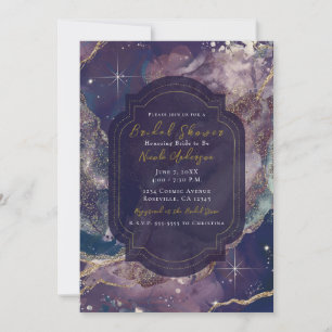Berry Blue Watercolor Gold Celestial Bridal Shower Invitation