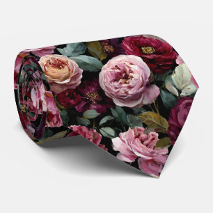 Berry & Blush Pink Peony Floral  Wedding Neck Tie