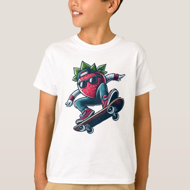 Berry Boarder – Skateboarding  Cartoon Strawberry T-Shirt (Front)