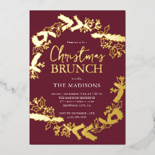 Berry Botanical Christmas Brunch Red Foil Invitation