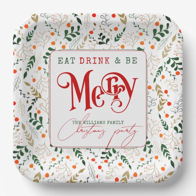 Berry Branch Eat, Drink Be Merry Christmas Party Paper Plates (Front)