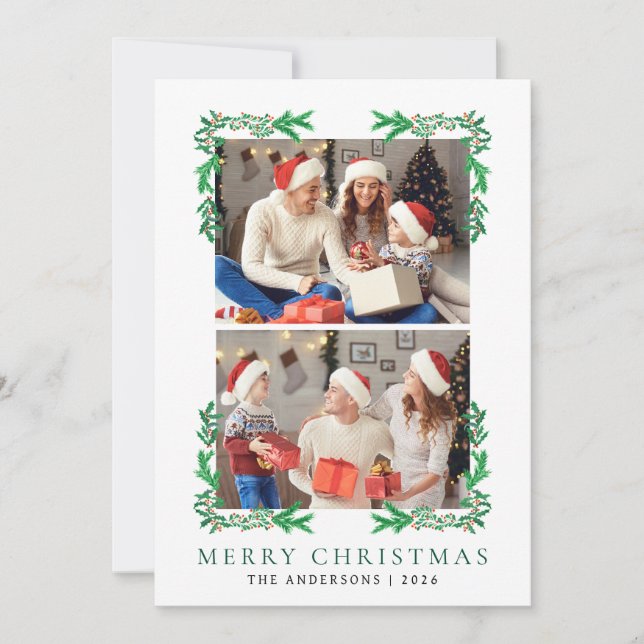 Berry Branch Frame Christmas Family 2 Photo Holiday Card (Front)