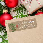 Berry Branch Kraft Holiday Return Address Labels<br><div class="desc">Custom printed Christmas return address labels with a simple rustic pine branch and red berries on a faux kraft background. Personalize it with your family name in a cute script font. Add your return address for quick and easy holiday card mailing! Use the design tools to edit the text fonts...</div>